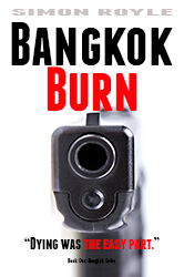 Book cover for Bangkok Burn. Shows a Glock pointed directly at the reader